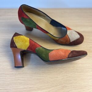 Vintage Polly Preston Colorful Patchwork Suede Heels